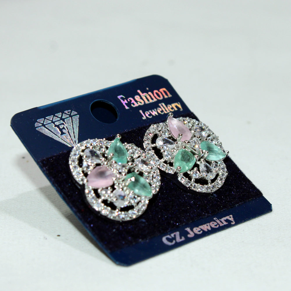 Heart-shaped earrings with gemstones on a 'Fashion Jewelry' card.