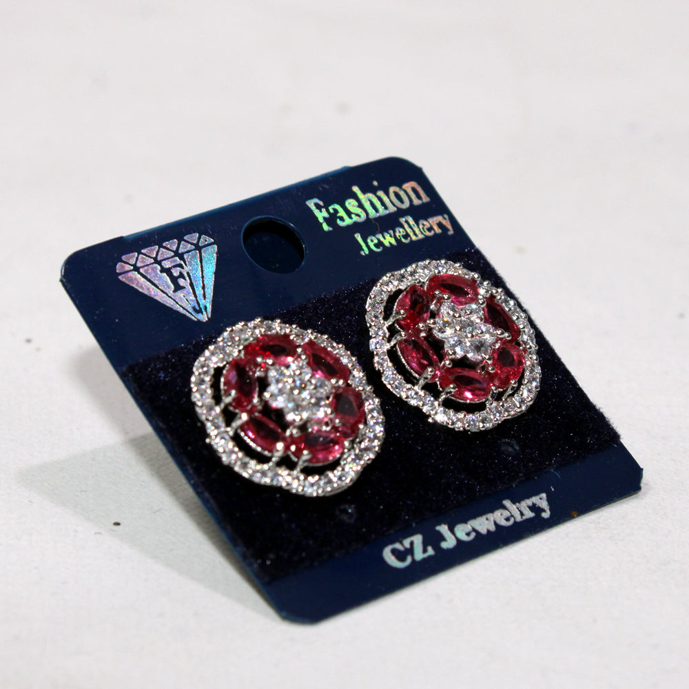 Pair of red and silver earrings on a 'Fashion Jewelry' card with 'CZ Jewelry' branding.