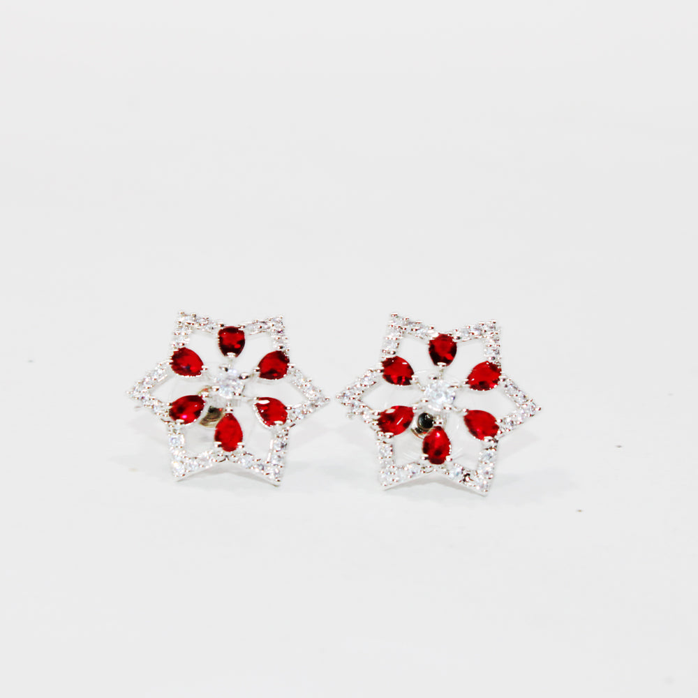 Pair of earrings with red gemstones on a white background