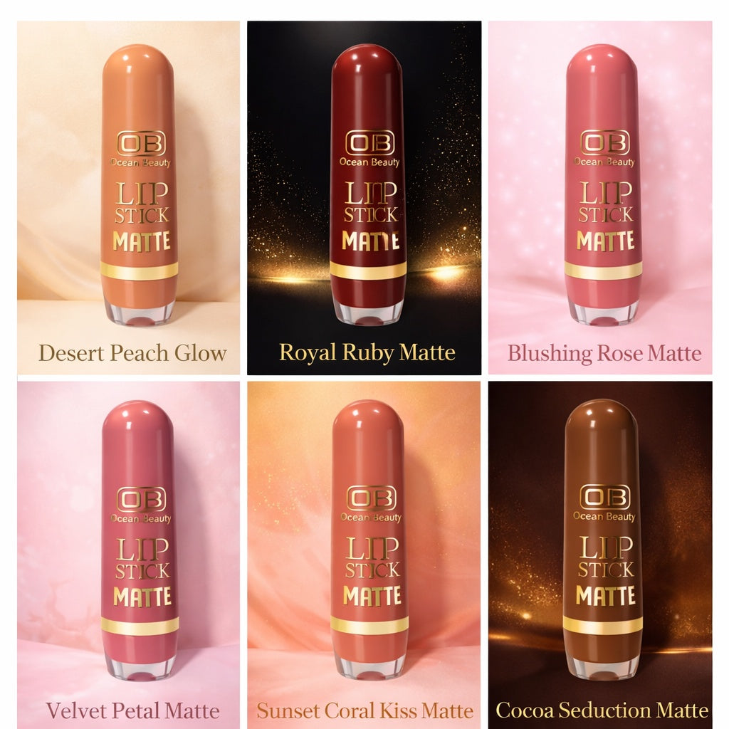 Collage of Ocean Beauty lipsticks in various shades with brand name visible.